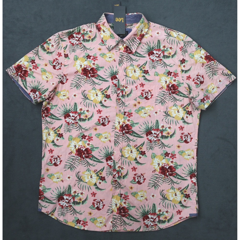 Lee Tropical Floral Shirt Mens Large Pink NEW Short Sleeve Button Down Hibiscus